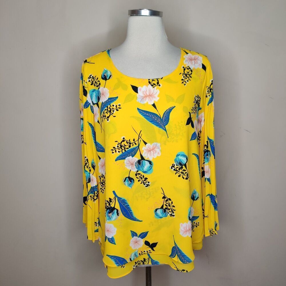 Laurie Felt Yellow Floral Blouse Pleated‎ Bell Sleeve Top